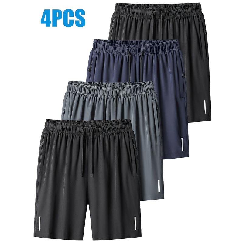 4 piezas Shorts deportivos casuales de verano para hombres, con bolsillos con cremallera - Tela transpirable, diseño atlético con bolsillo resguardado para teléfono y tira reflectante